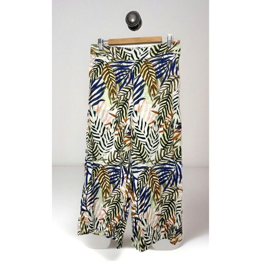 Tahari Size L 100% Linen Wide Leg Crop Pants Tropical Print Pull On